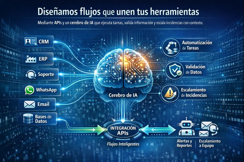 Integración de herramientas mediante APIs y cerebro de IA